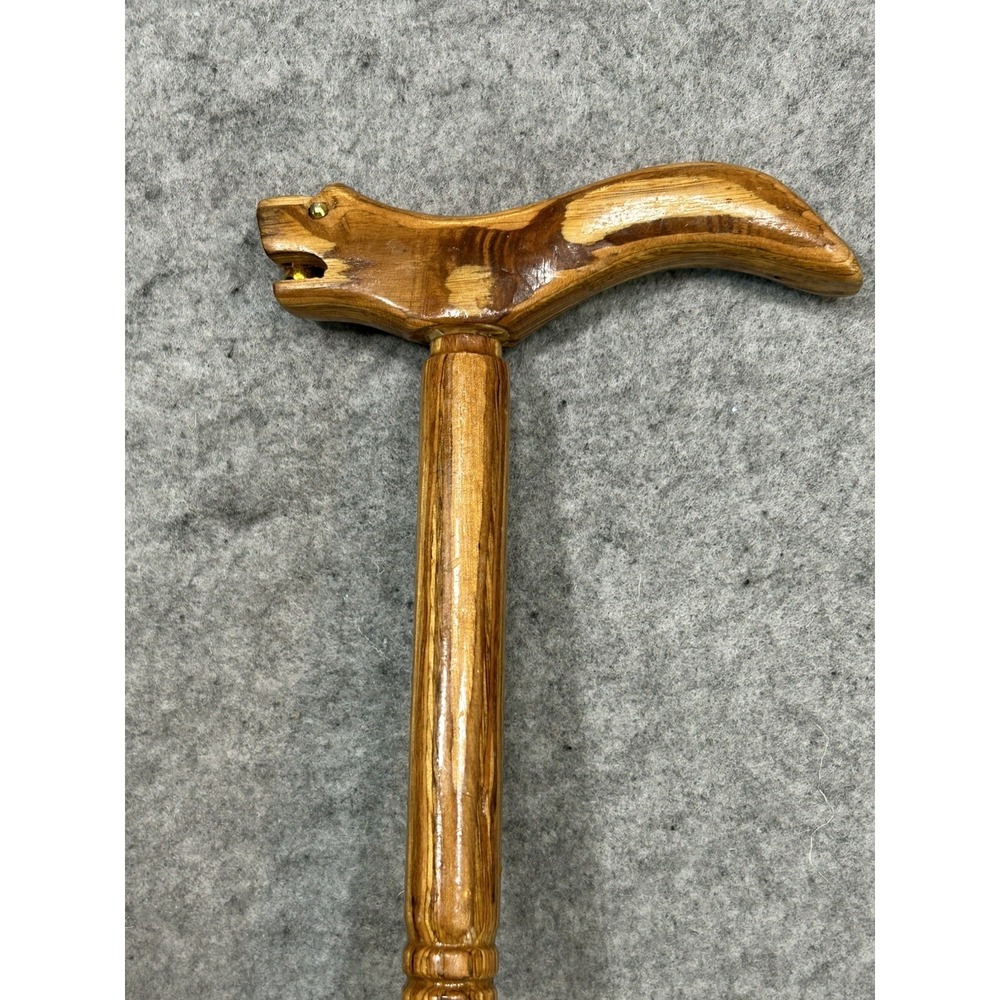 Unusual Vintage Hand Carved 34.5in. Wood Cane Snake, Dragon bead mouth RARE